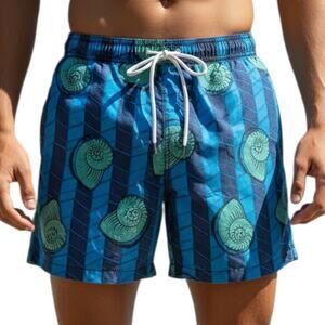 Men's Scotch & Soda Nautilus Seashell Swim Trunks Blue Mesh Lined Medium M